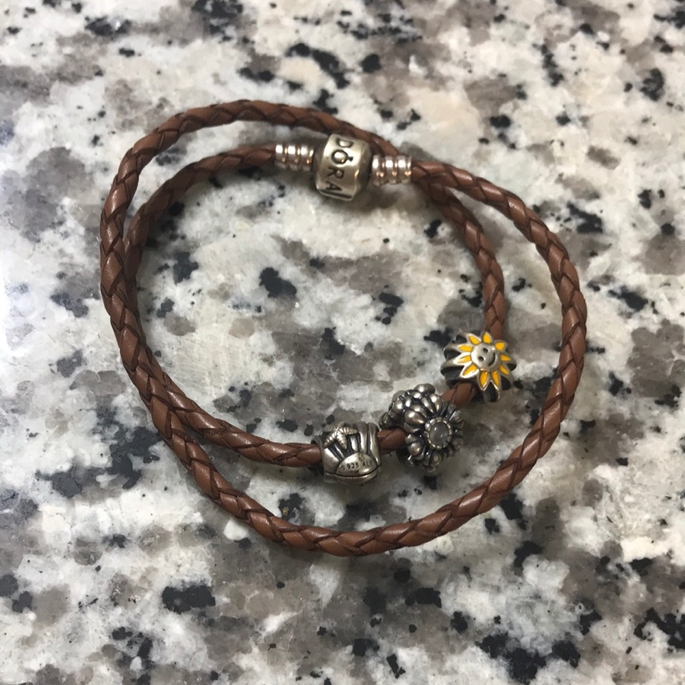 Pandora brown leather braided charm bracelet
